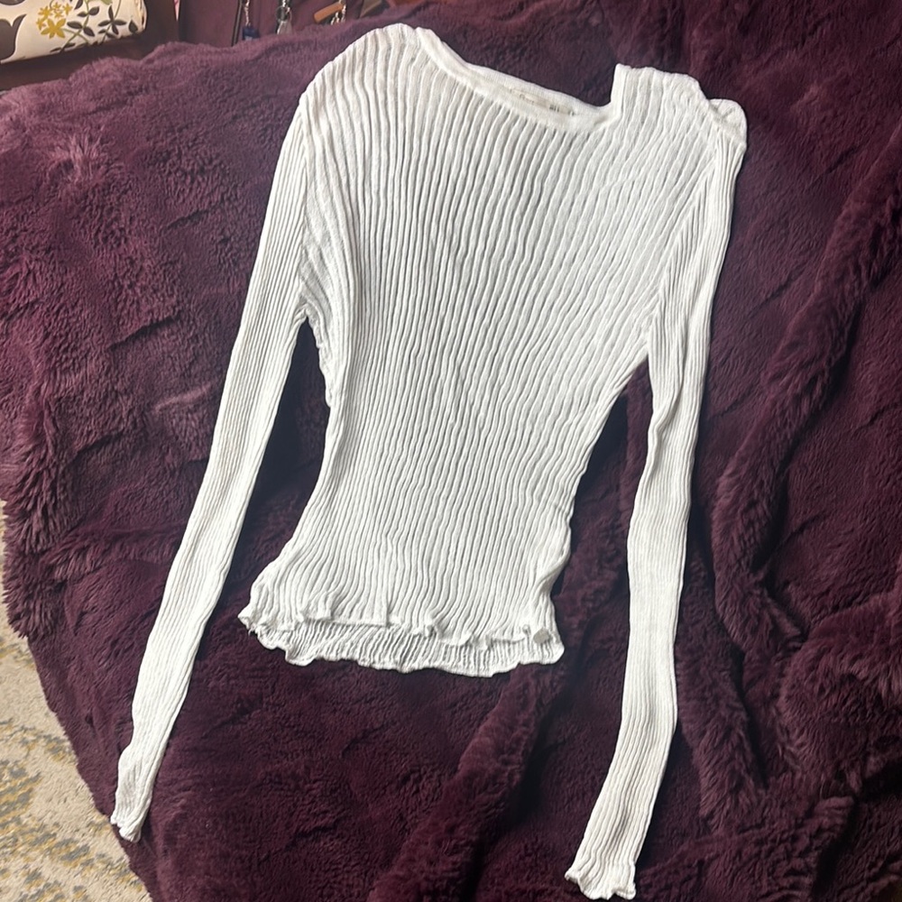 Dex White Ribbed Women's Long-Sleeved Blouse